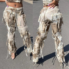 Tie Dye Fringe Pant Cargo Trousers Y2K Streetwear Fashion 2024 Women Summer Clothes Pencil Casual Tassel Sweat Pants Joggers