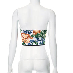 Lace Up Bustier Flower Print Contrast Backless Tube Top
