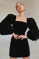 Black Puff Sleeves Velvet Dress