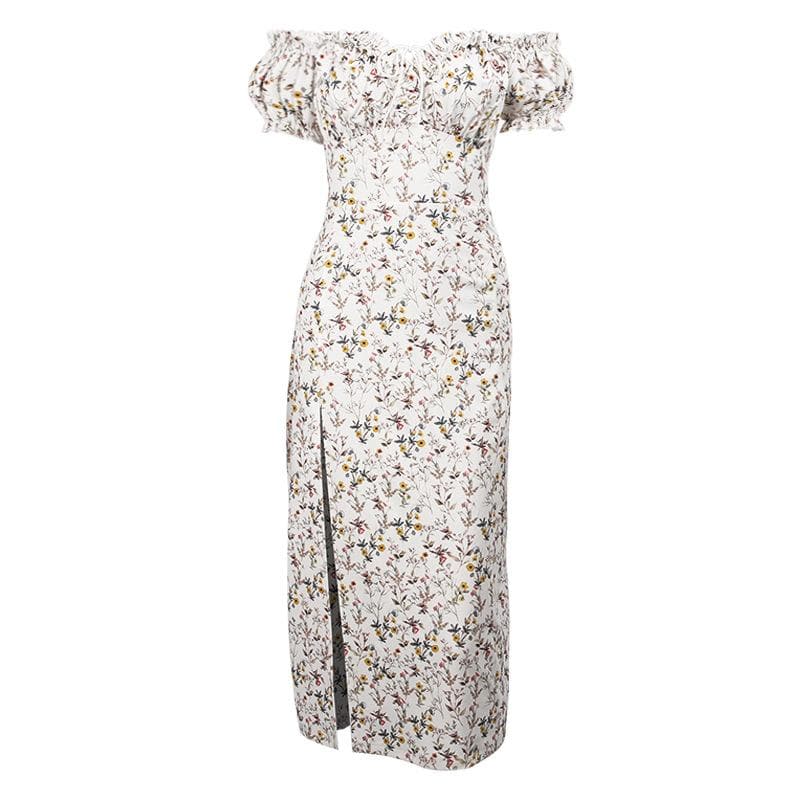 Short Sleeve Off Shoulder Puff Sleeve Slit Flower Pattern Ruched Midi Dress