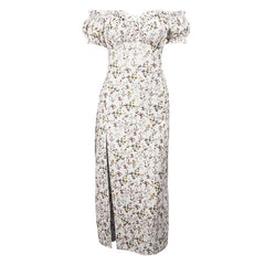 Short Sleeve Off Shoulder Puff Sleeve Slit Flower Pattern Ruched Midi Dress