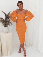 Square Neck Pleated Lantern Sleeve Slit Light Midi Dress