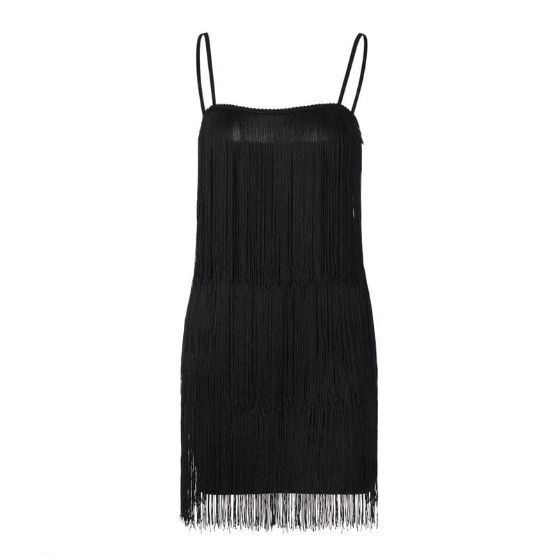 Tassels Zip-Up Solid Square Neck Backless Cami Mini Dress