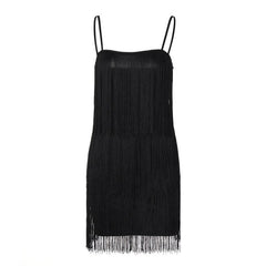 Tassels Zip-Up Solid Square Neck Backless Cami Mini Dress