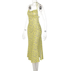 Flower Pattern Halter Cowl Neck Slit Self Tie Backless Midi Dress