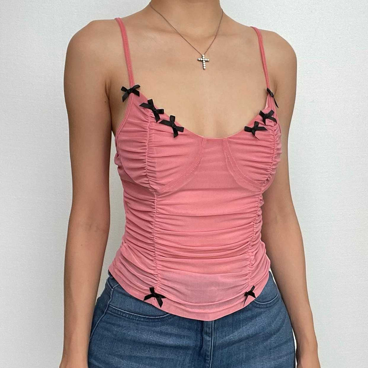 Bowknot Mesh Ruched V Neck Backless Cami Top