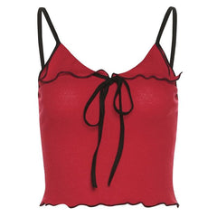 Ribbed Contrast Ruffle Self Tie Backless Cami Top