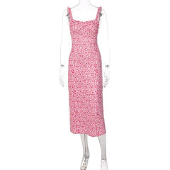 Flowers Contrast Print Ruffle Ruched Square Neck Backless Cami Midi Dress
