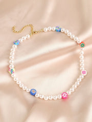 Faux Pearl Beaded Flower Clay Necklace