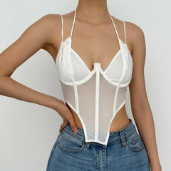 Halter Low Cut Solid Mesh Bustier Cami Top