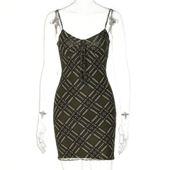 Plaid Contrast Print Ruffle Low Cut Backless Cami Bodycon Dress
