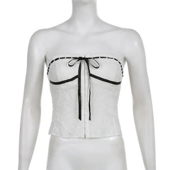 Textured Contrast Stitch Self Tie Button Backless Tube Top