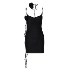 Flower Applique Solid Backless V Neck Ribbon Cami Mini Dress