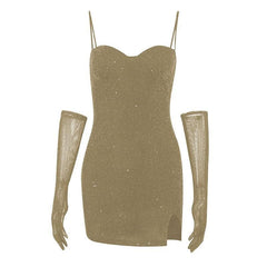 Gloves Solid Beaded Slit Sweetheart Neck Cami Mini Dress