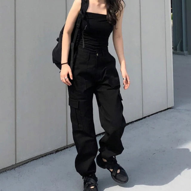 Button Pockets Patchwork Cargo Pants Women Streetwear High Waist Trousers Women Fashion Pencil Pants Joggers Women