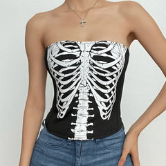 Backless Zip-Up Skull Pattern Contrast Tube Top