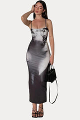 Print Slim Fit Hip-Covering Back Slit Dress