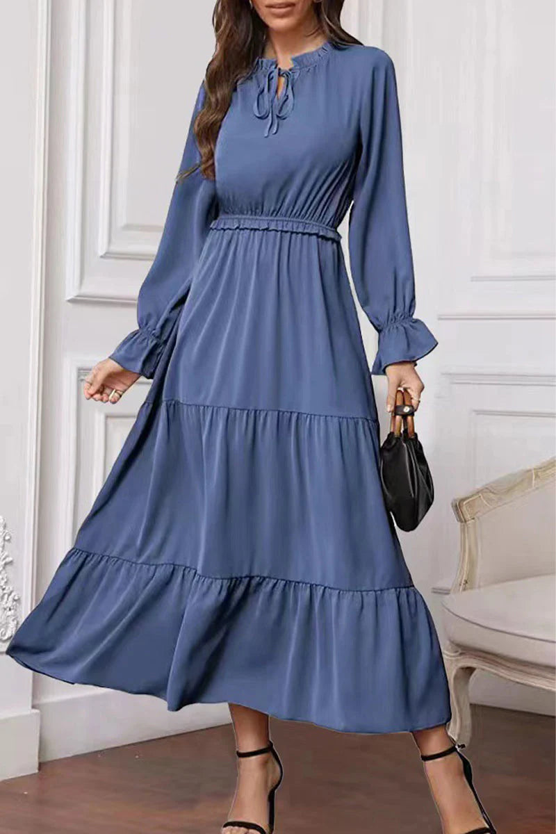Fashion Elegant Solid Frenulum Lotus Leaf Collar Long Dress Dresses(8 Colors)