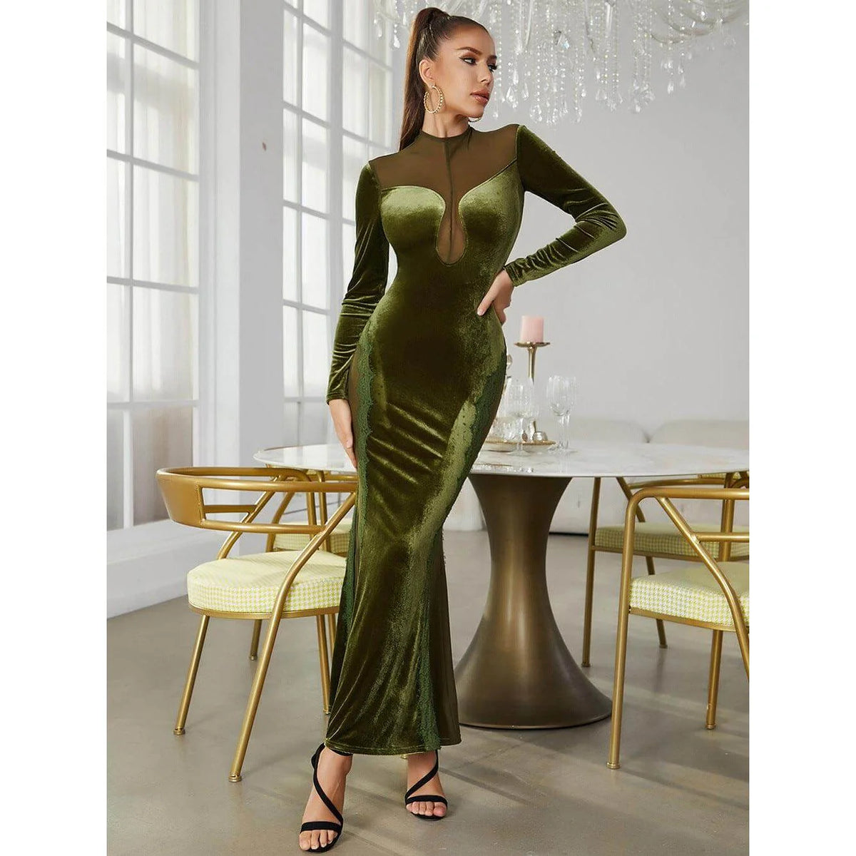 Velvet Splicing Mesh Slim Long-Sleeved Dress