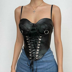 Lace Up Sweetheart Neck Pu Leather Zip-Up Cami Crop Top