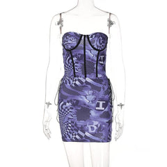 Lace Up Backless Corset Contrast Print Tube Top Mini Skirt Set
