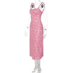 Flowers Contrast Print Ruffle Ruched Square Neck Backless Cami Midi Dress