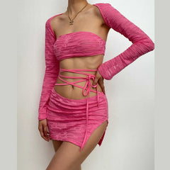 Long Sleeve Solid Self Tie Shrug Textured 2 Piece Tube Top Skirt Set