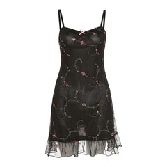 Mesh Ruffle Backless Flower Embroidery Contrast Cami Mini Dress