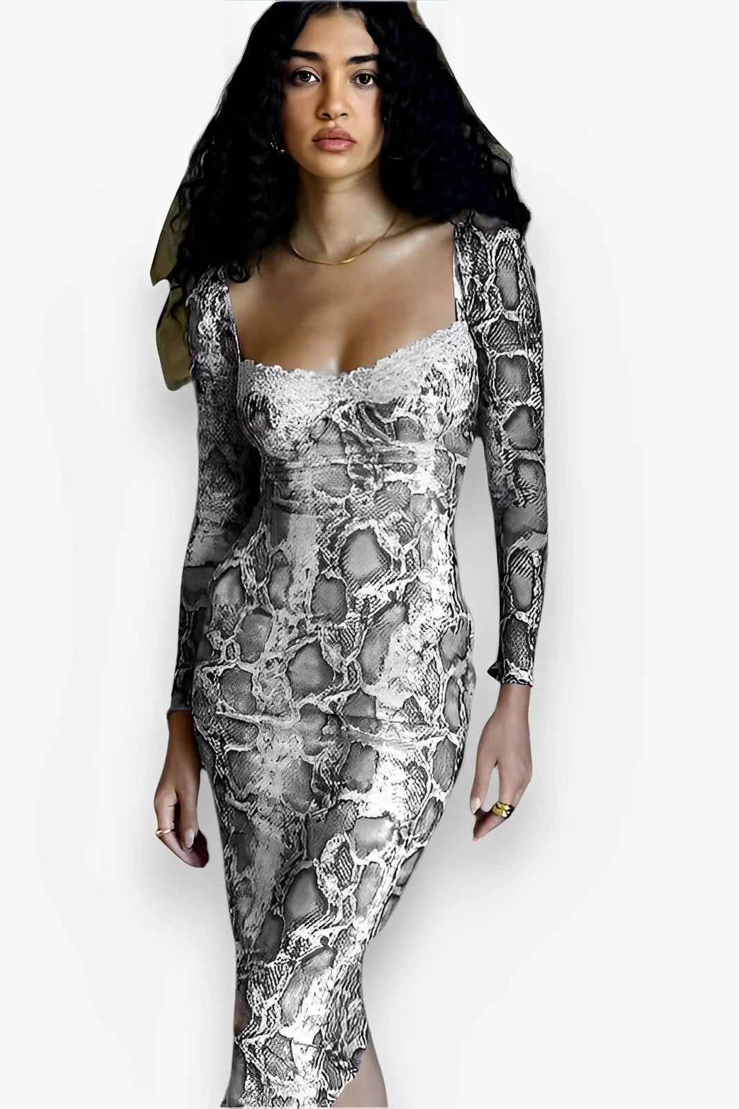 Snake Print Collar Long-Sleeved Sexy Slim Dress