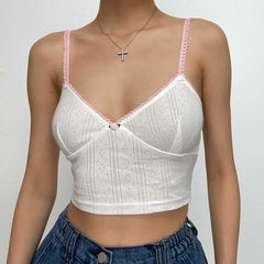 Lace Hem V Neck Contrast Textured Backless Cami Crop Top