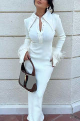Lapel Single-Breasted Fuzzy Cuff Knit Dress