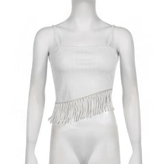 Irregular Backless Tassels Self Tie Solid Cami Crop Top - Final Sale