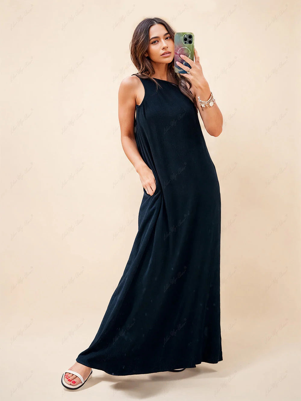 Loose One-Shoulder Sleeve Charming Pleated Pocket Dress