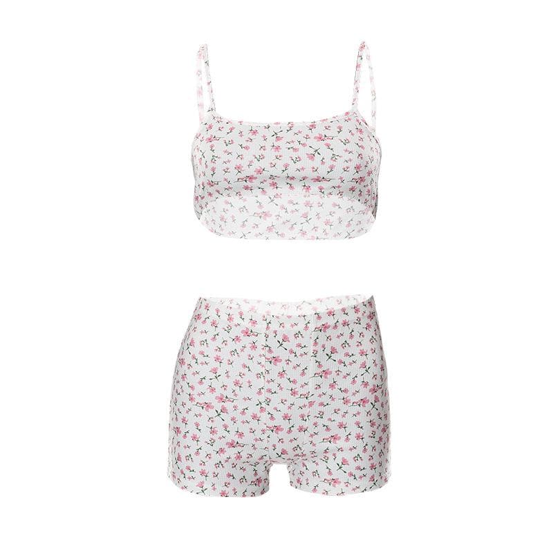 Floral Print Textured Cami Crop Top Short Pant Set