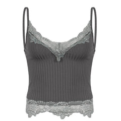 Ribbed Hem Lace V Neck Solid Cami Top