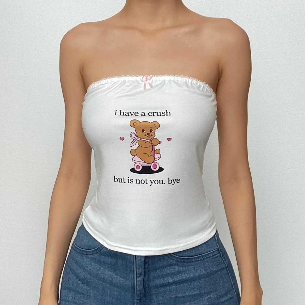 Backless Lace Hem Bear Pattern Contrast Tube Top