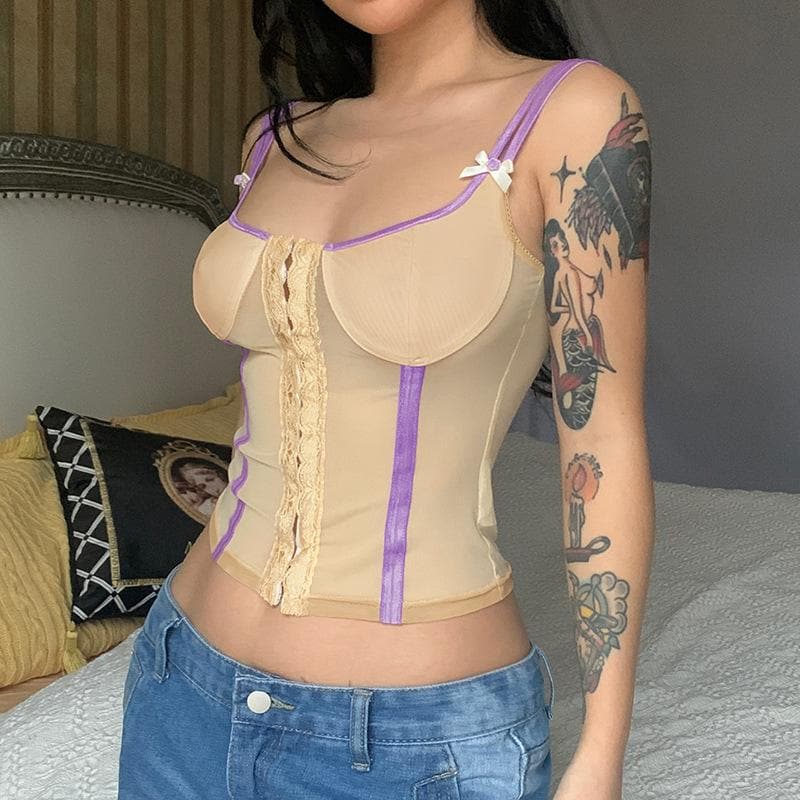 Sheer Mesh Contrast Lace Hem Cami Backless Button Low Cut Crop Top