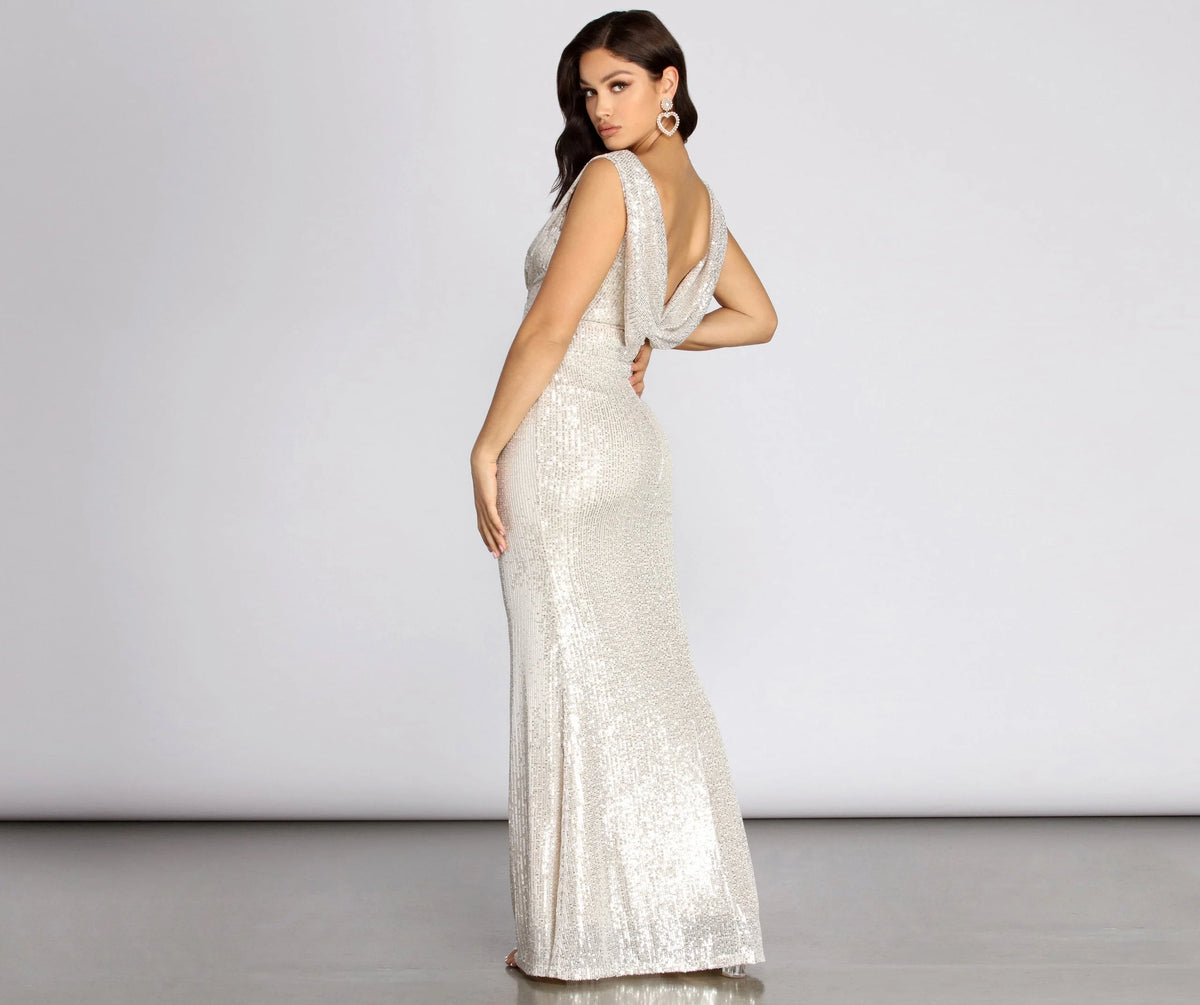 Diane Sequin Drape Charming Back Formal Dress