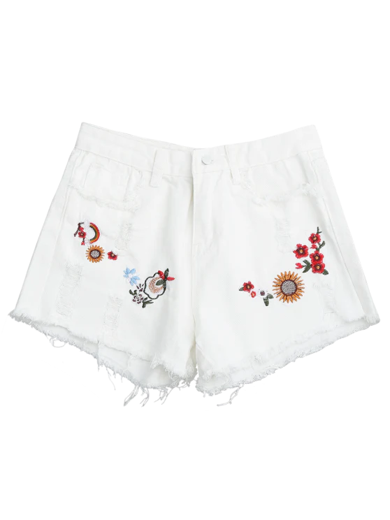 Trendy Embroidered Frayed Hem Ripped Denim Short