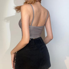 Contrast Houndstooth Print Self Tie Backless Cami Crop Top