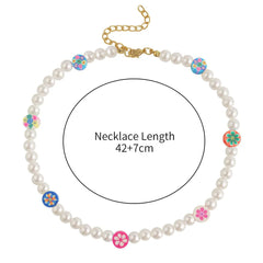Faux Pearl Beaded Flower Clay Necklace