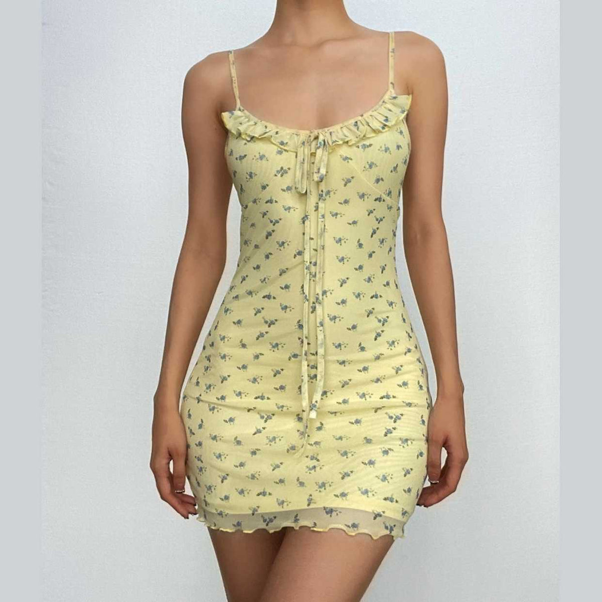 Ruched Mesh Ruffle Self Tie Flower Print Cami Mini Dress