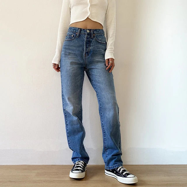 Jsvery Women'S Jeans Baggy Jeans For Women Mom Jeans High Waist Blue Loose Washed Fashion Straight Denim Pants Vintage Streetwear