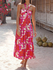 Halterneck Print Berry Charming Lotus Midi Dress