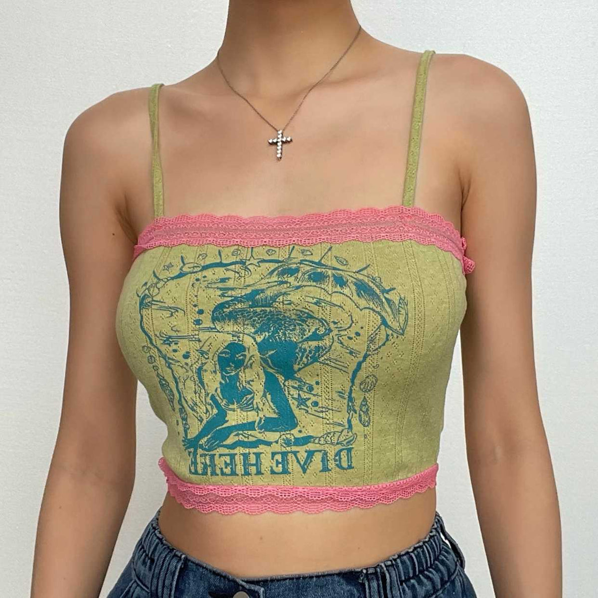 Lace Hem Contrast Print Textured Cami Crop Top