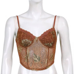 Sheer Mesh Hem Lace Print V Neck Crop Cami Top