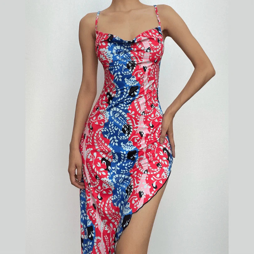 Irregular V Neck Backless Contrast Print Cowl Neck Cami Midi Dress