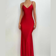 Low Cut V Neck Ruched Solid Backless Cami Maxi Dress