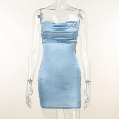 Sleeveless Solid Backless Cowl Neck Beaded Cami Dress