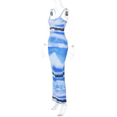 Ribbed Contrast Print Backless U Neck Cami Maxi Dress